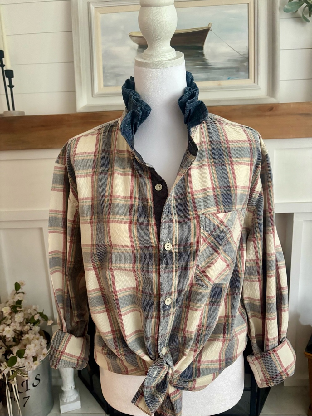 Kenneth Cole corduroy plaid with a ruffled denim collar